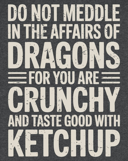 Do Not Meddle shirt in dark heather grey featuring bold distressed typography with a witty dragon-themed warning.