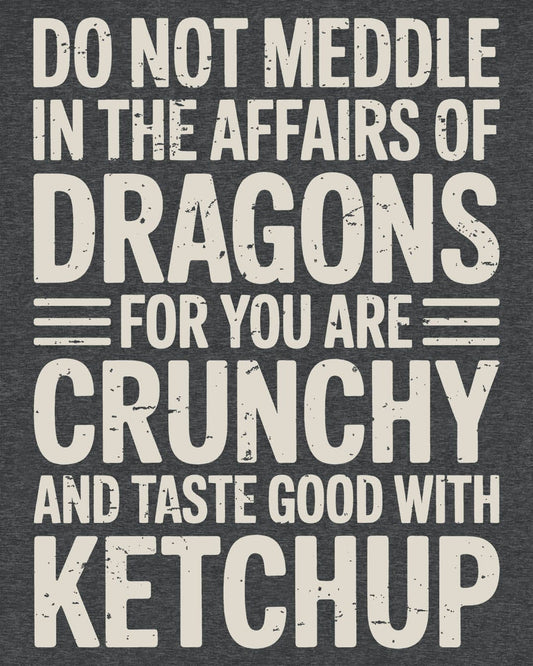 Do Not Meddle shirt in dark heather grey featuring bold distressed typography with a witty dragon-themed warning.