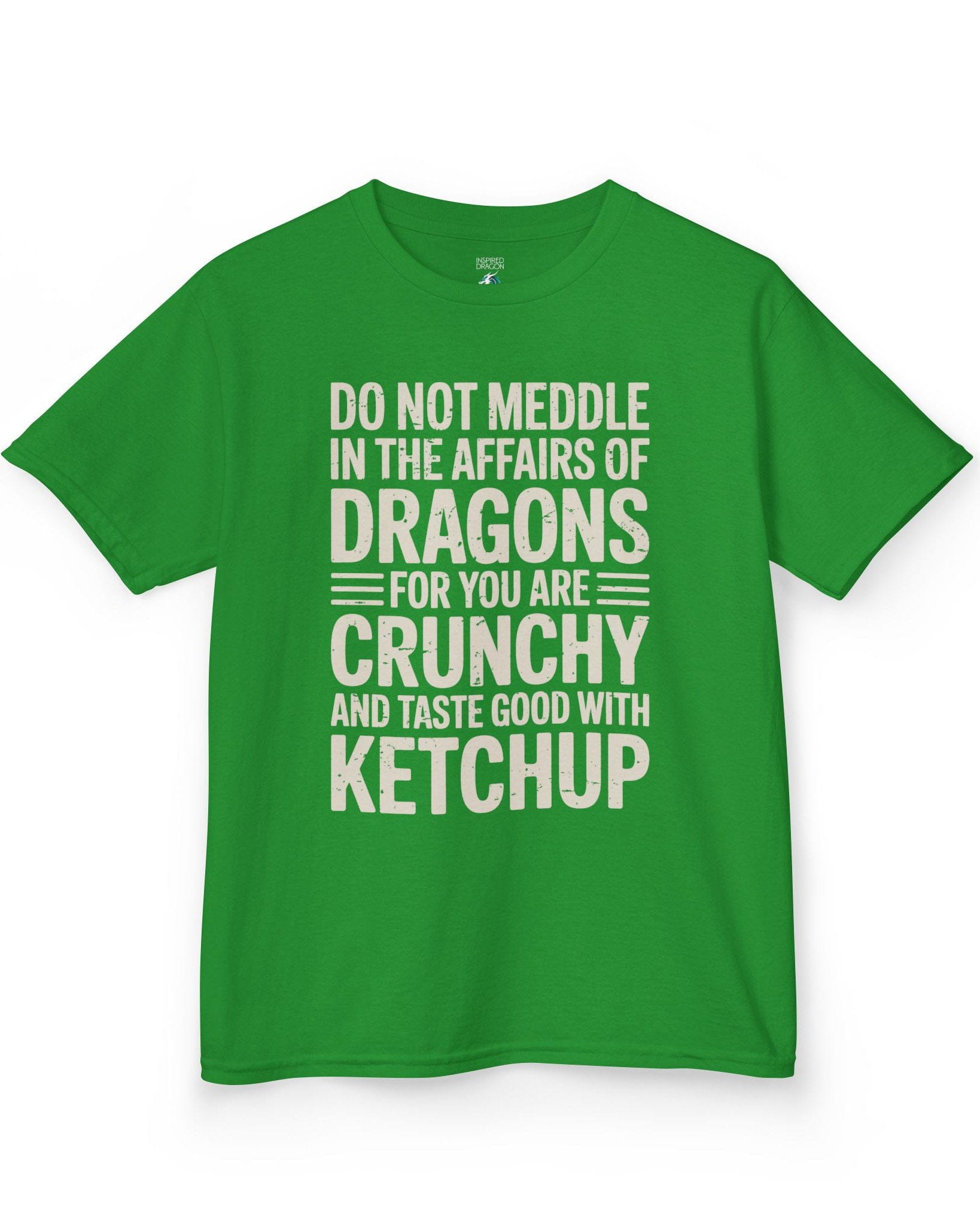 Do Not Meddle shirt in Irish green featuring bold distressed typography with a witty dragon-themed warning.