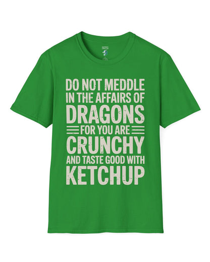 Do Not Meddle shirt in Irish green featuring bold distressed typography with a witty dragon-themed warning.