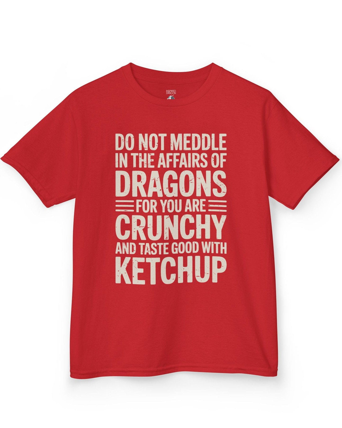 Do Not Meddle shirt in red featuring bold distressed typography with a witty dragon-themed warning.