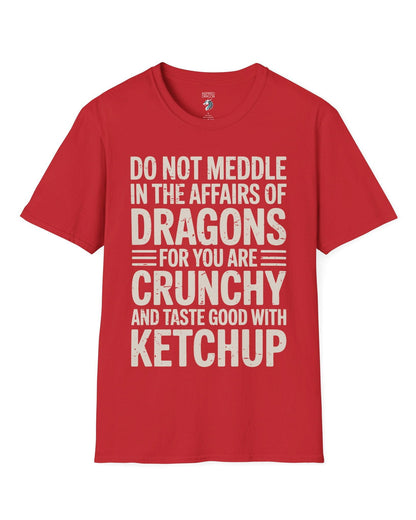 Do Not Meddle shirt in red featuring bold distressed typography with a witty dragon-themed warning.