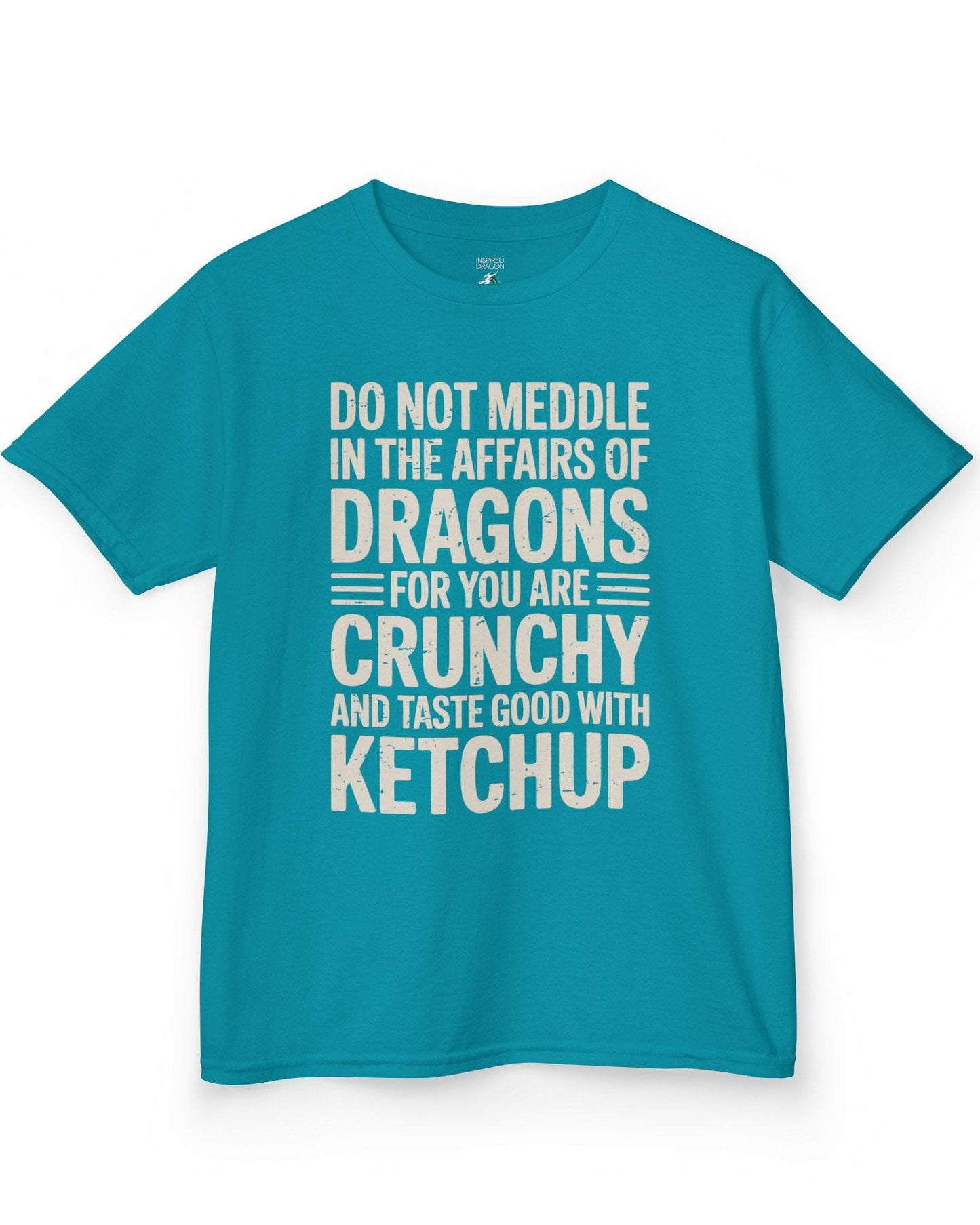 Do Not Meddle shirt in tropical blue featuring bold distressed typography with a witty dragon-themed warning.
