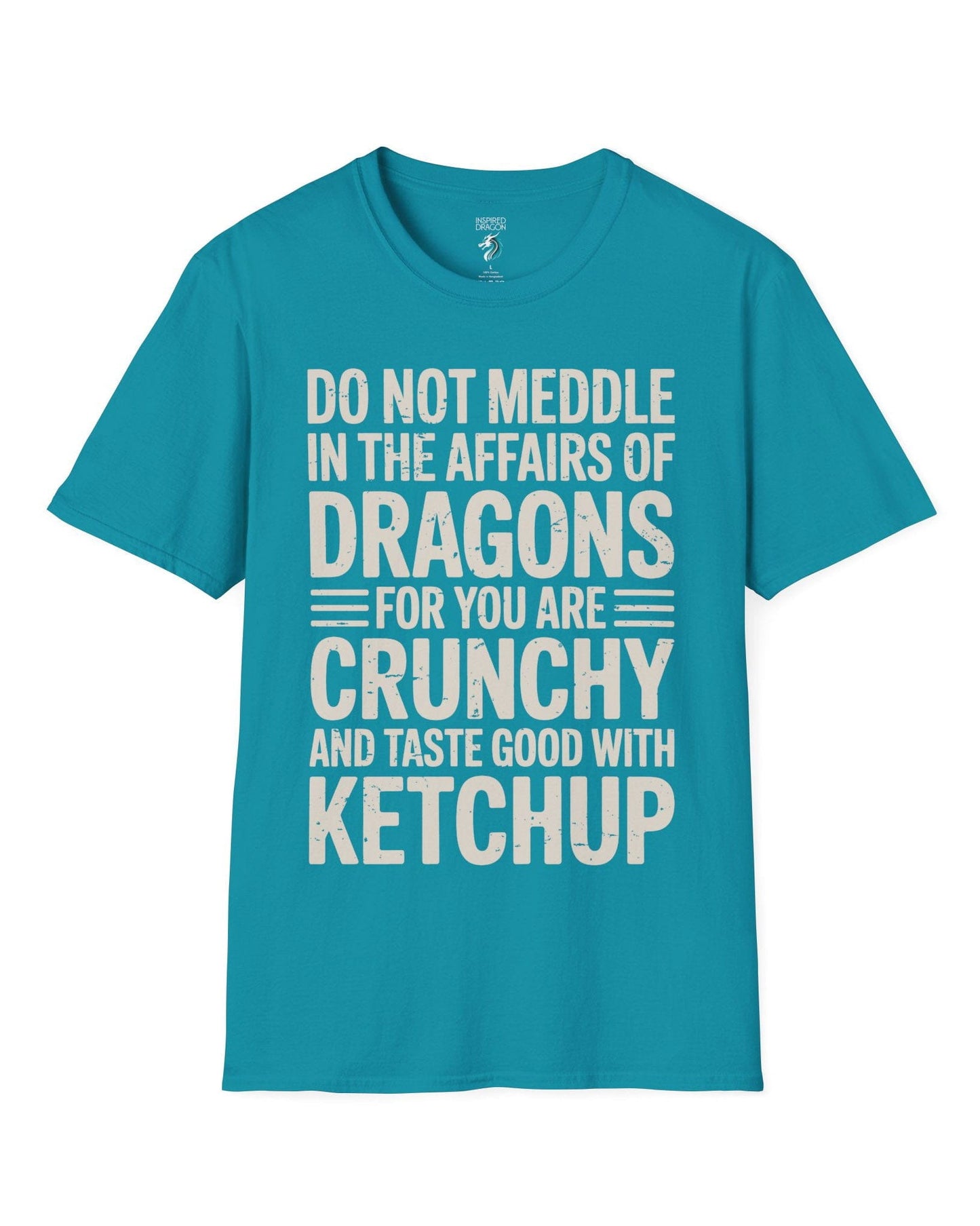 Do Not Meddle shirt in tropical blue featuring bold distressed typography with a witty dragon-themed warning.