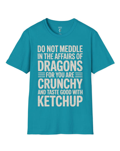 Do Not Meddle shirt in tropical blue featuring bold distressed typography with a witty dragon-themed warning.
