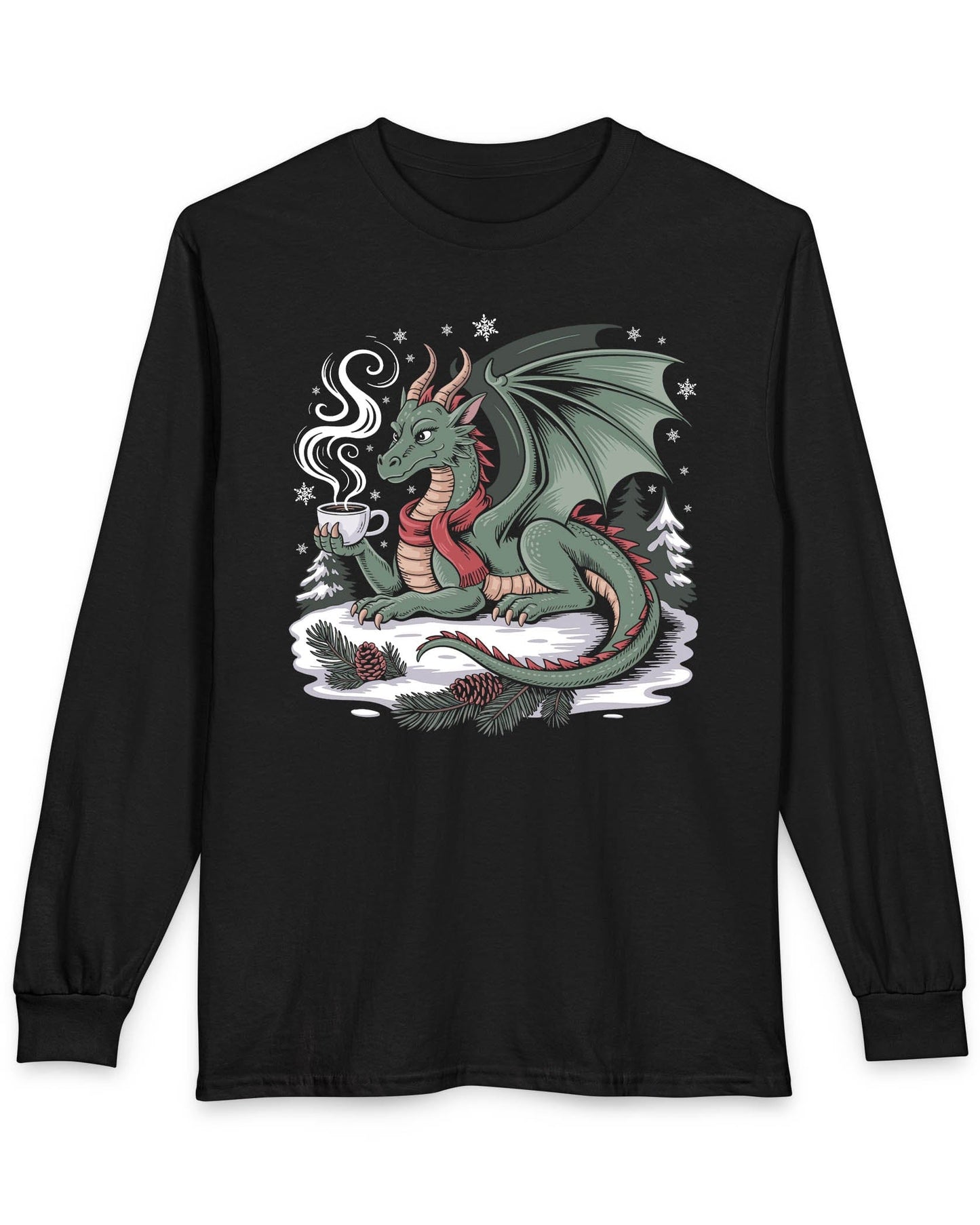 Winter’s Warmth shirt in black featuring a cozy winter dragon enjoying a hot drink among snow and pines