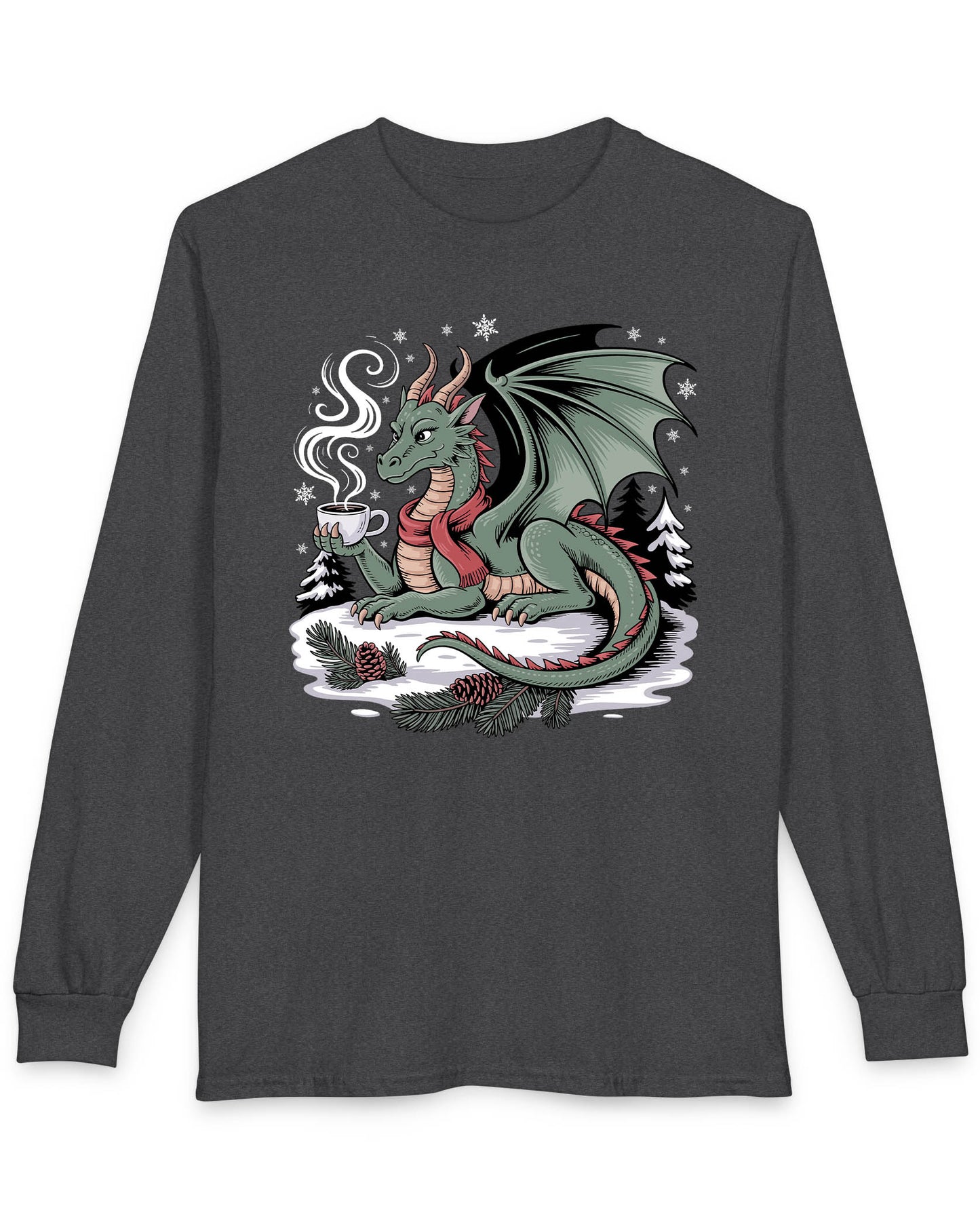 Winter’s Warmth shirt in dark heather featuring a cozy winter dragon enjoying a hot drink among snow and pines