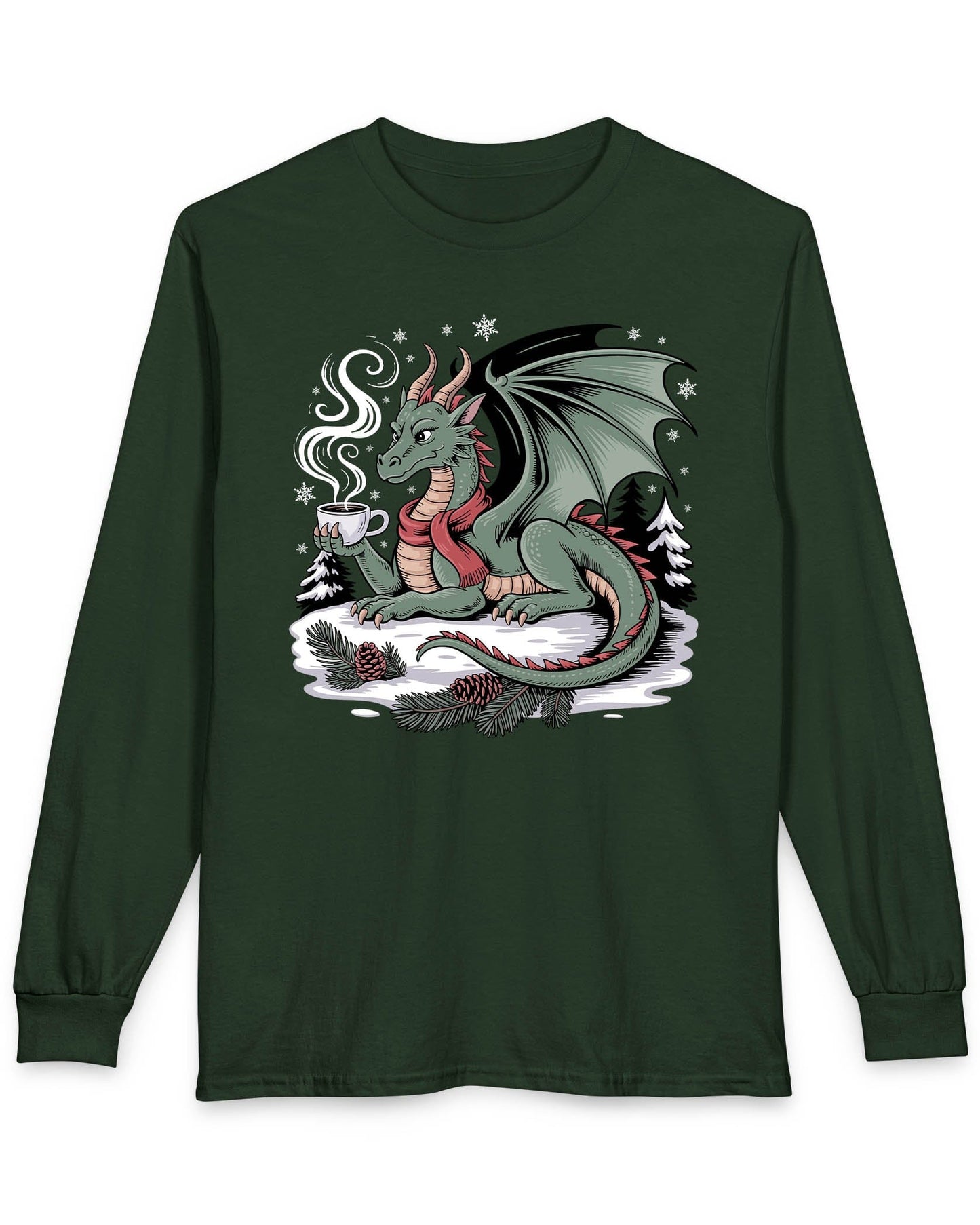 Winter’s Warmth shirt in forest green featuring a cozy winter dragon enjoying a hot drink among snow and pines