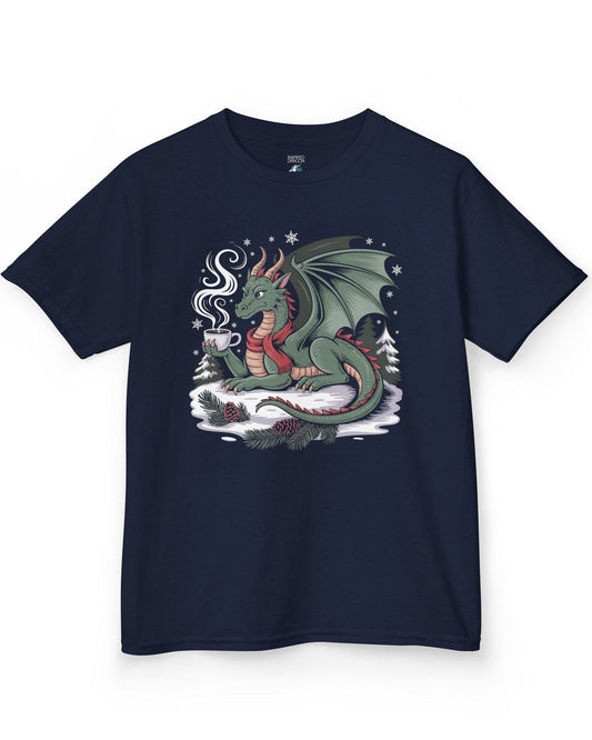 Warm Sips & Fresh Pines shirt in navy featuring a cozy winter dragon enjoying a hot drink among snow and pines.