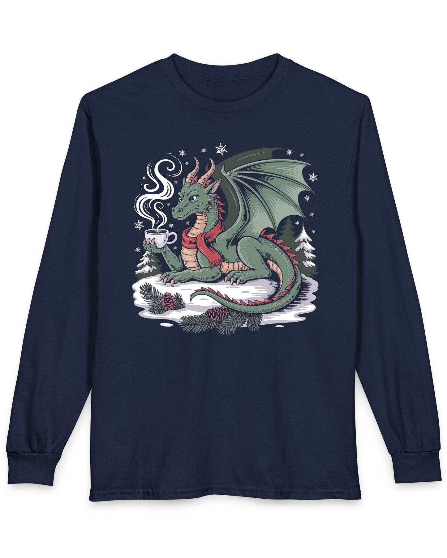 Winter’s Warmth shirt in navy featuring a cozy winter dragon enjoying a hot drink among snow and pines