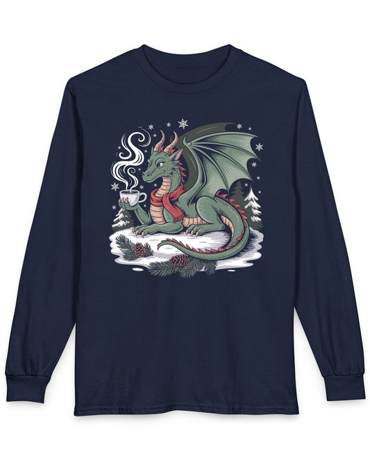 Winter’s Warmth shirt in navy featuring a cozy winter dragon enjoying a hot drink among snow and pines