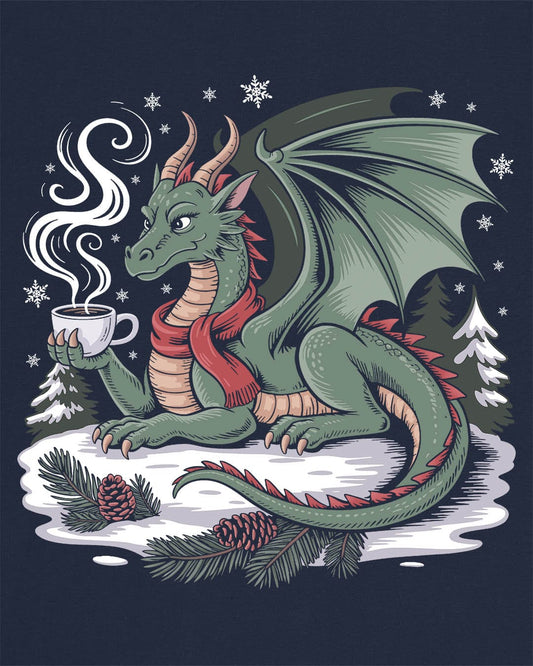 Warm Sips & Fresh Pines shirt in navy featuring a cozy winter dragon enjoying a hot drink among snow and pines.