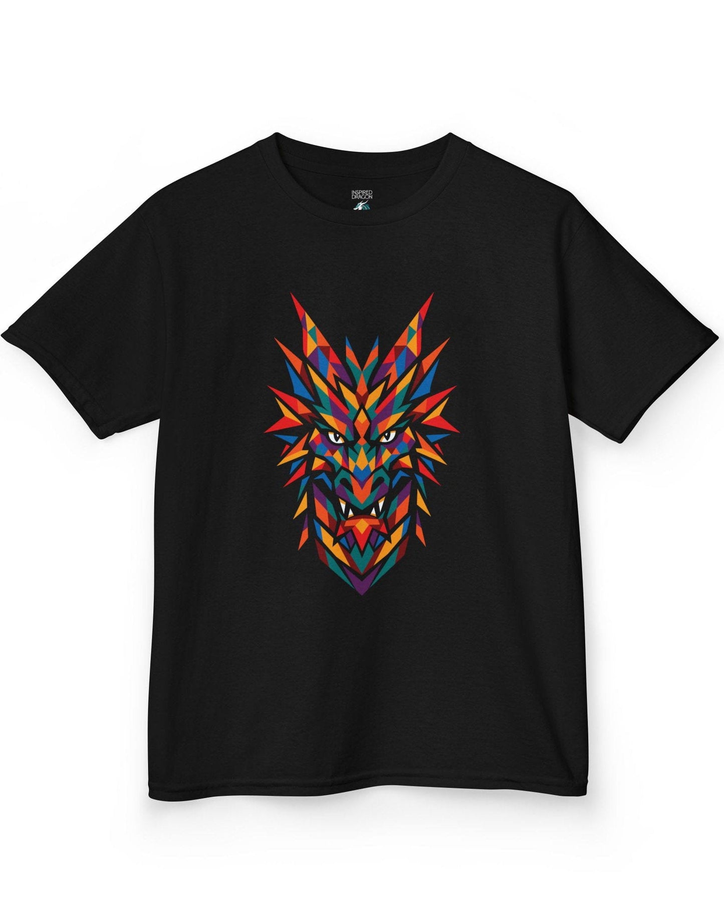 Polychrome Mosaic Dragon shirt in black featuring a vibrant geometric dragon head in bold multicolor shapes.