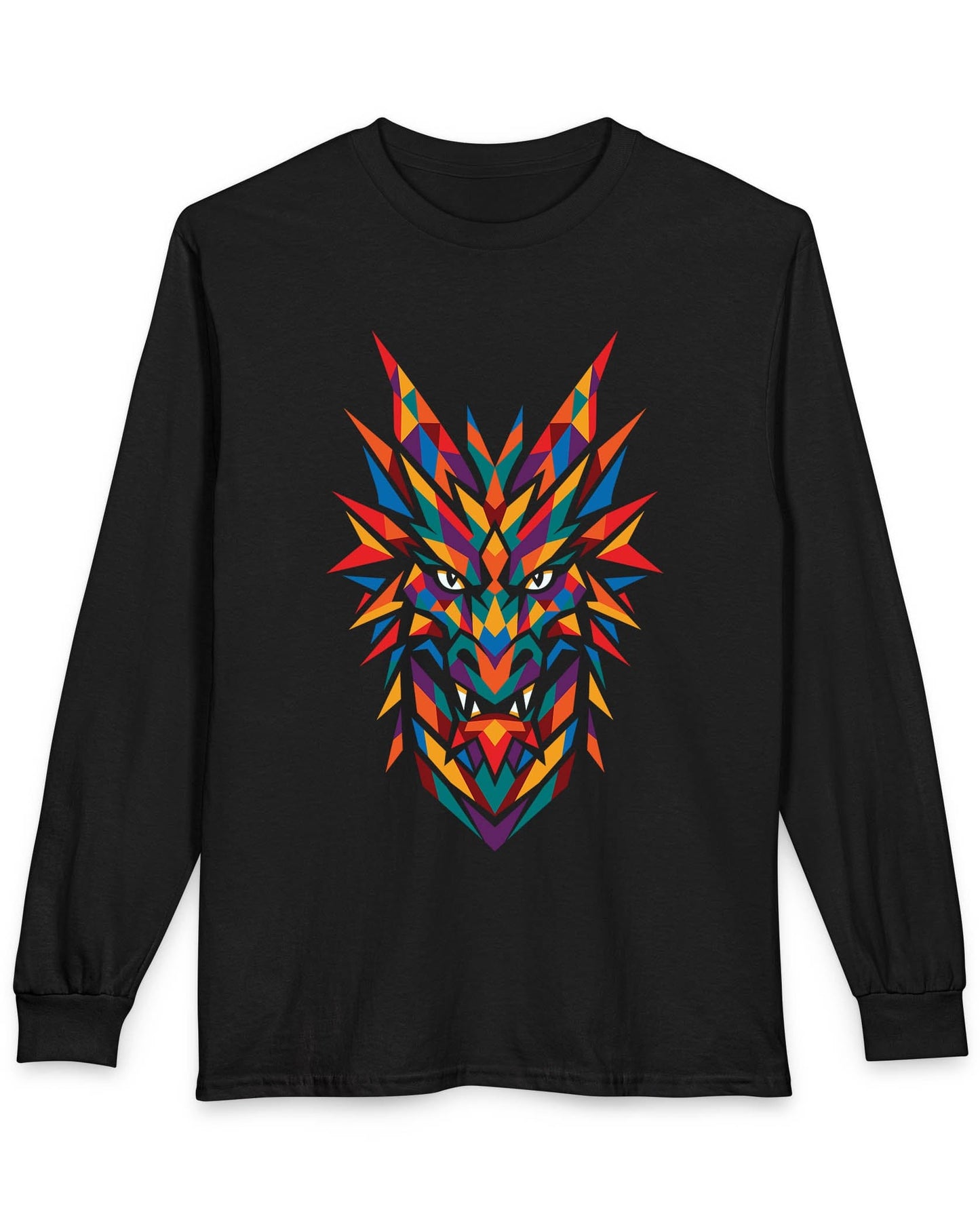 Polychrome Mosaic Dragon shirt in black featuring a vibrant geometric dragon head in bold multicolor shapes