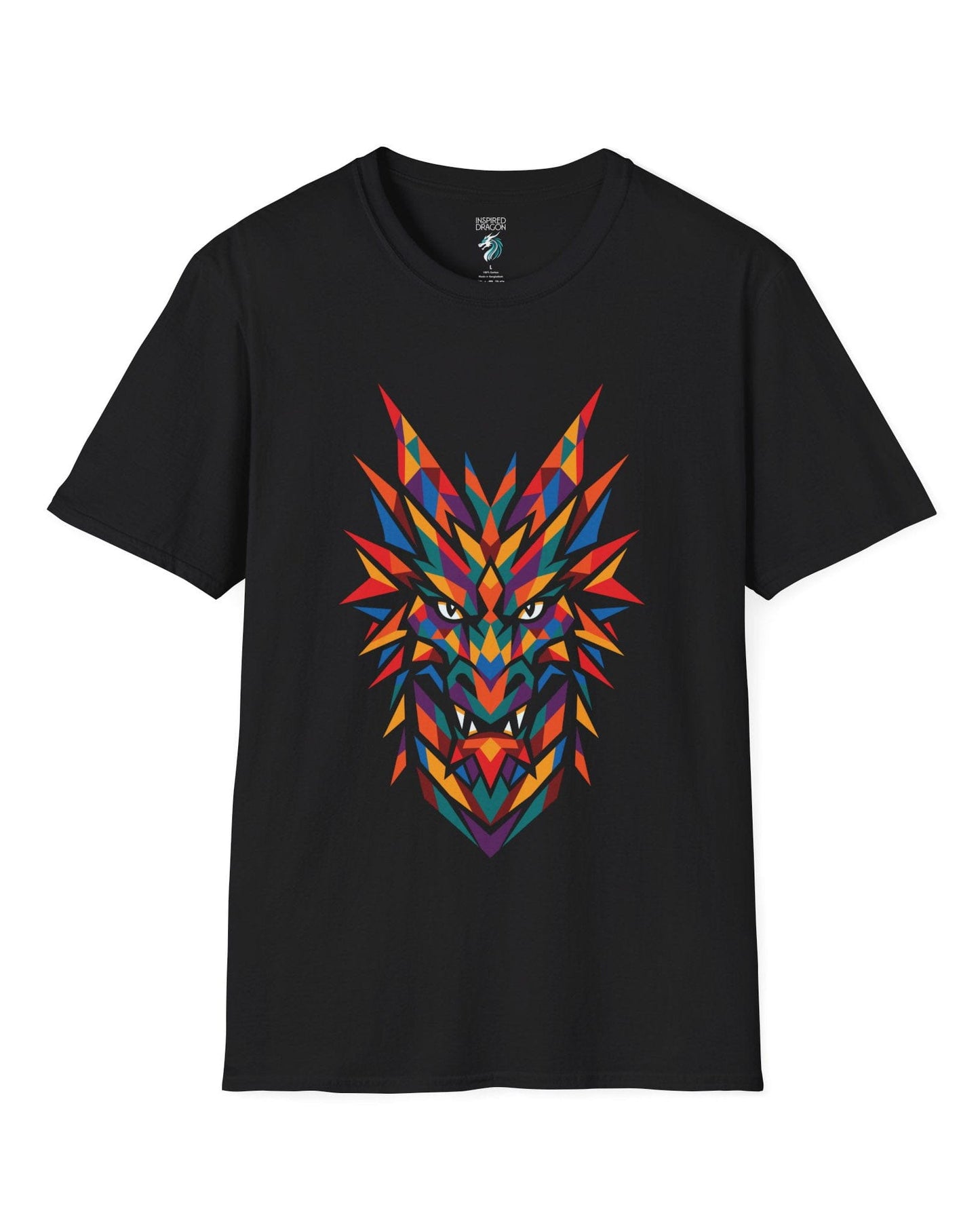 Polychrome Mosaic Dragon shirt in black featuring a vibrant geometric dragon head in bold multicolor shapes.