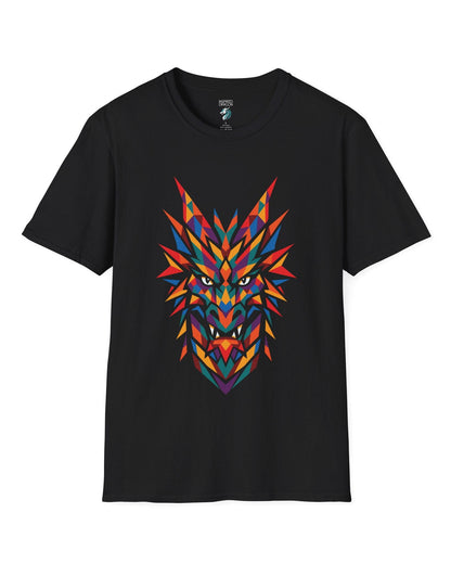 Polychrome Mosaic Dragon shirt in black featuring a vibrant geometric dragon head in bold multicolor shapes.