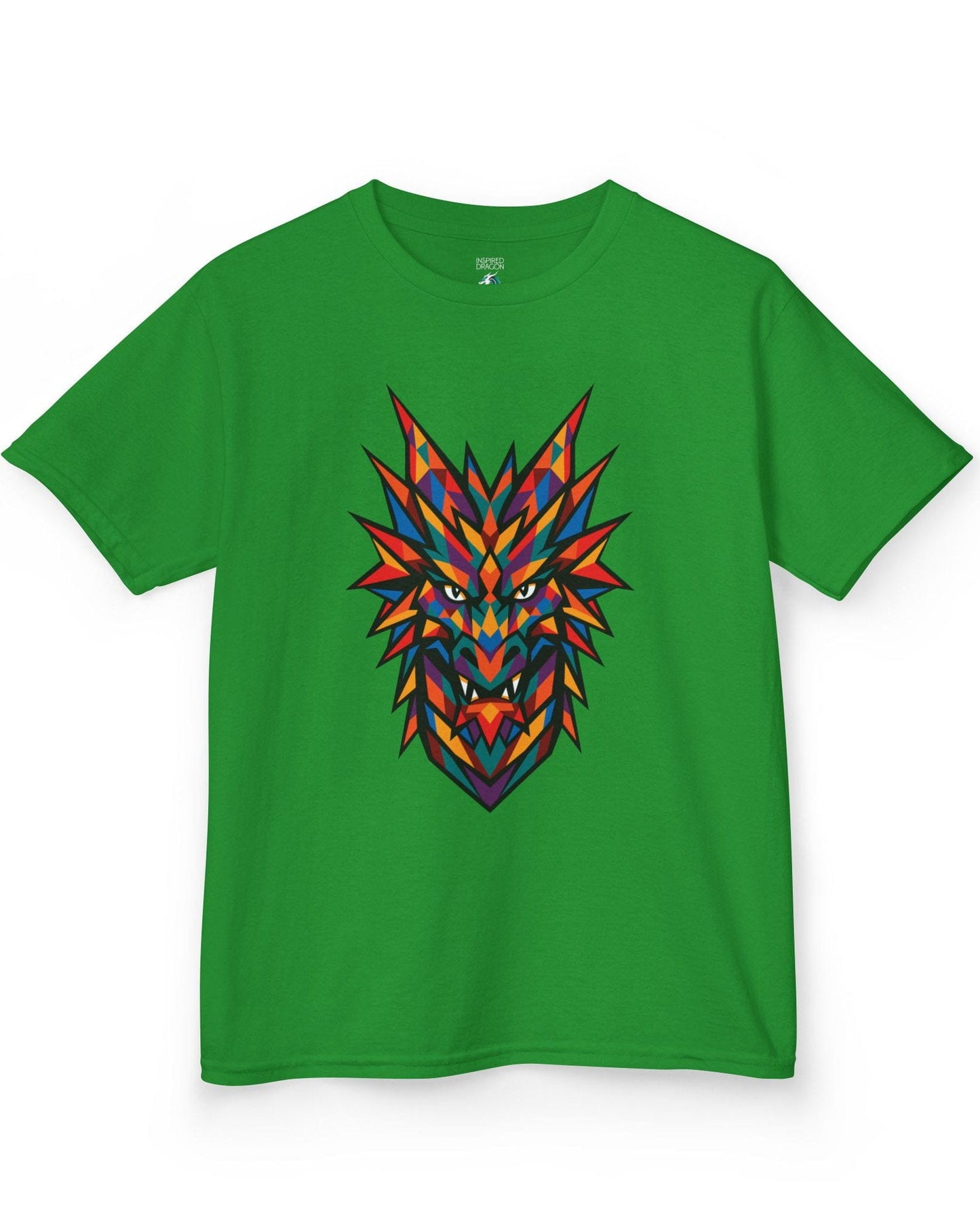Polychrome Mosaic Dragon shirt in Irish green featuring a vibrant geometric dragon head in bold multicolor shapes.