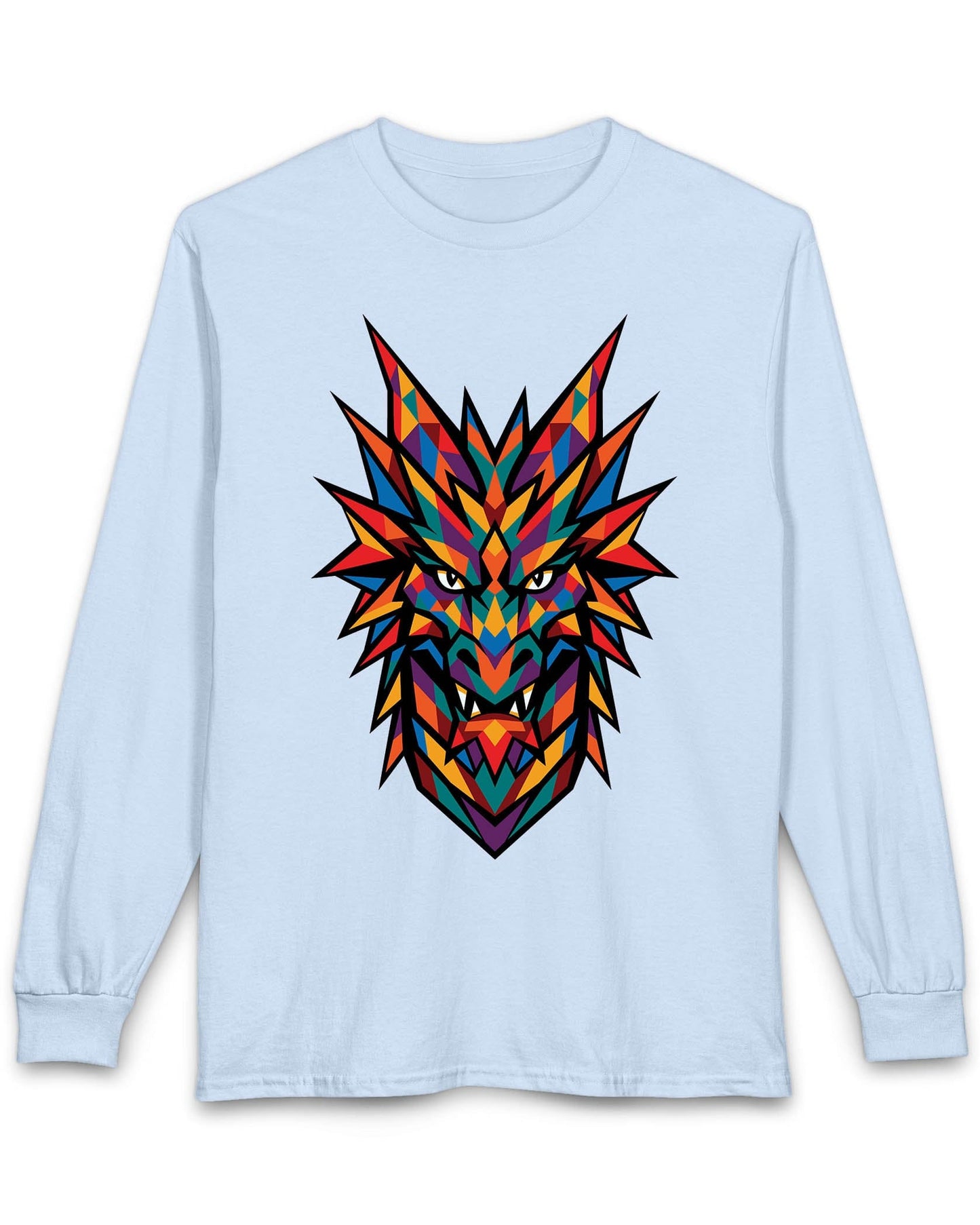Polychrome Mosaic Dragon shirt in light blue featuring a vibrant geometric dragon head in bold multicolor shapes