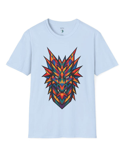 Polychrome Mosaic Dragon shirt in light blue featuring a vibrant geometric dragon head in bold multicolor shapes.