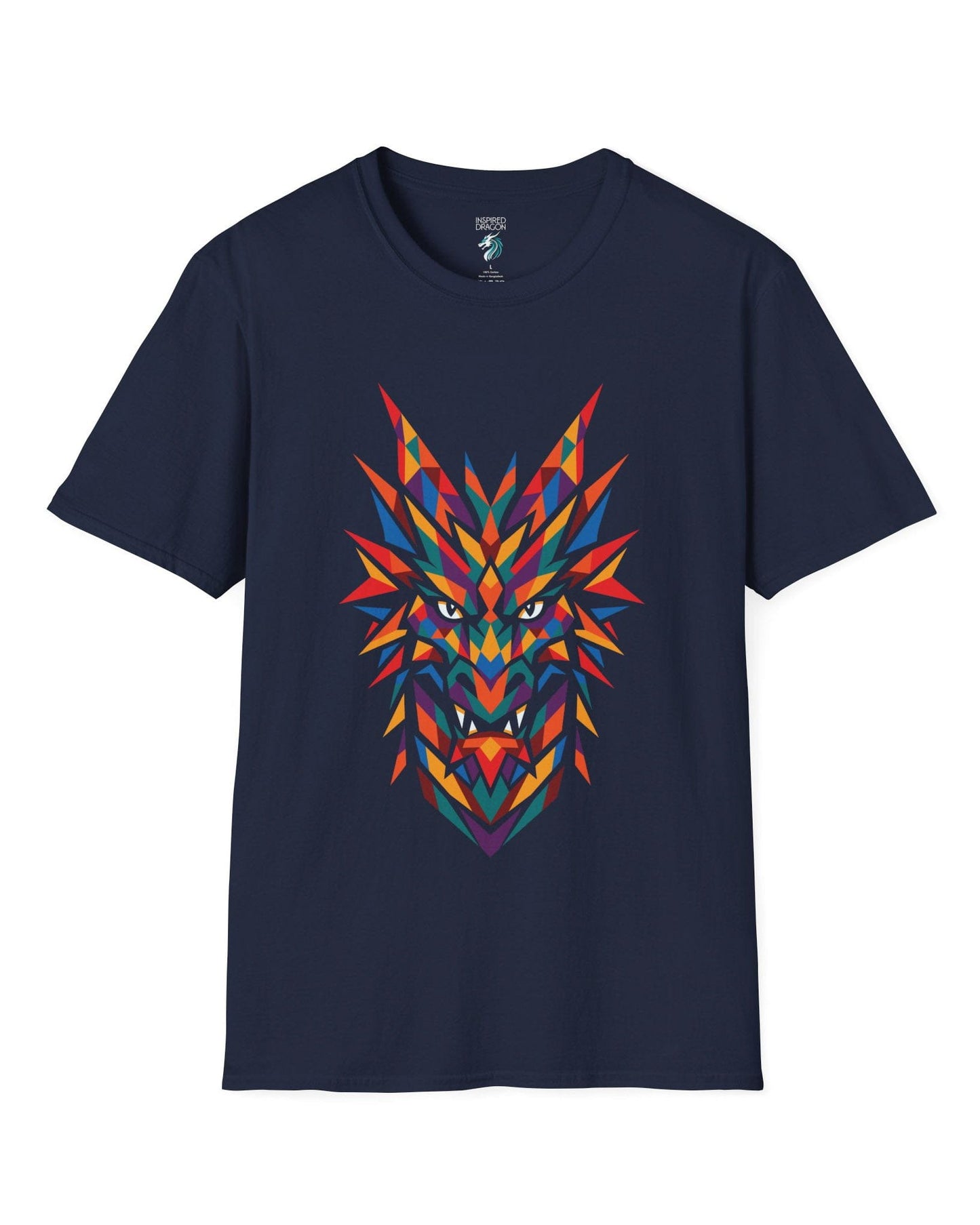 Polychrome Mosaic Dragon shirt in navy featuring a vibrant geometric dragon head in bold multicolor shapes.
