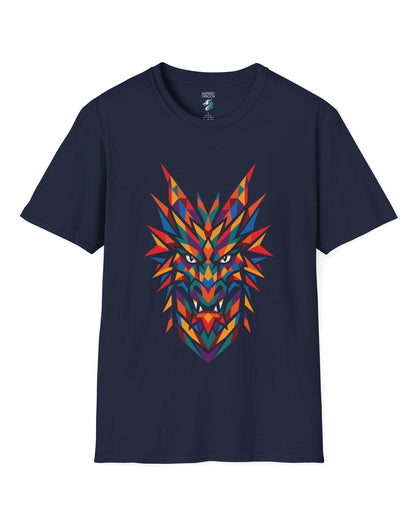 Polychrome Mosaic Dragon shirt in navy featuring a vibrant geometric dragon head in bold multicolor shapes.