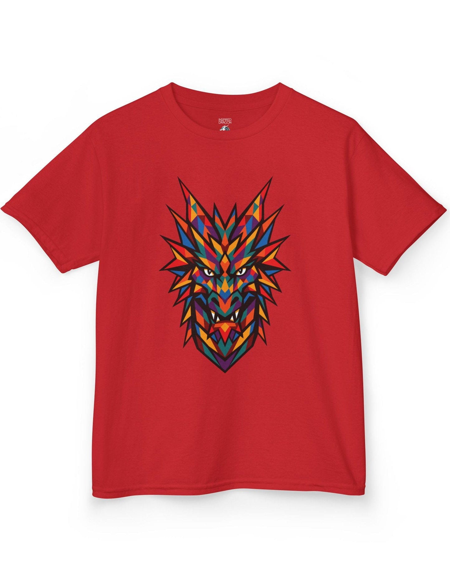 Polychrome Mosaic Dragon shirt in red featuring a vibrant geometric dragon head in bold multicolor shapes.