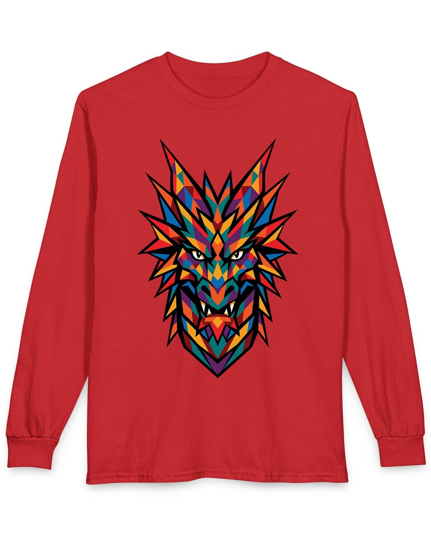 Polychrome Mosaic Dragon shirt in red featuring a vibrant geometric dragon head in bold multicolor shapes