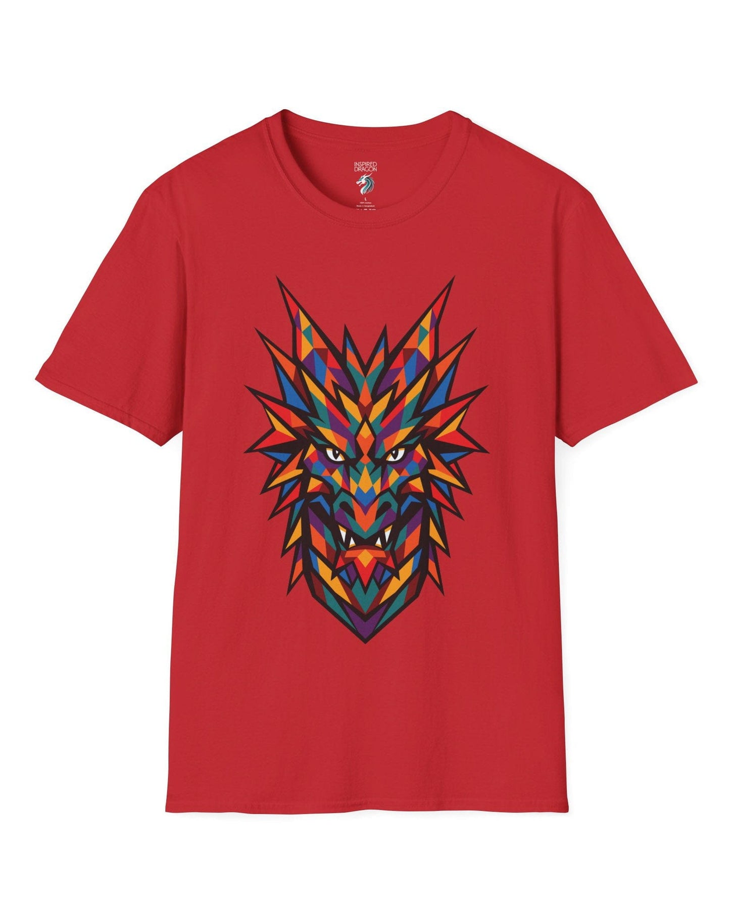 Polychrome Mosaic Dragon shirt in red featuring a vibrant geometric dragon head in bold multicolor shapes.