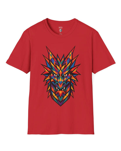 Polychrome Mosaic Dragon shirt in red featuring a vibrant geometric dragon head in bold multicolor shapes.