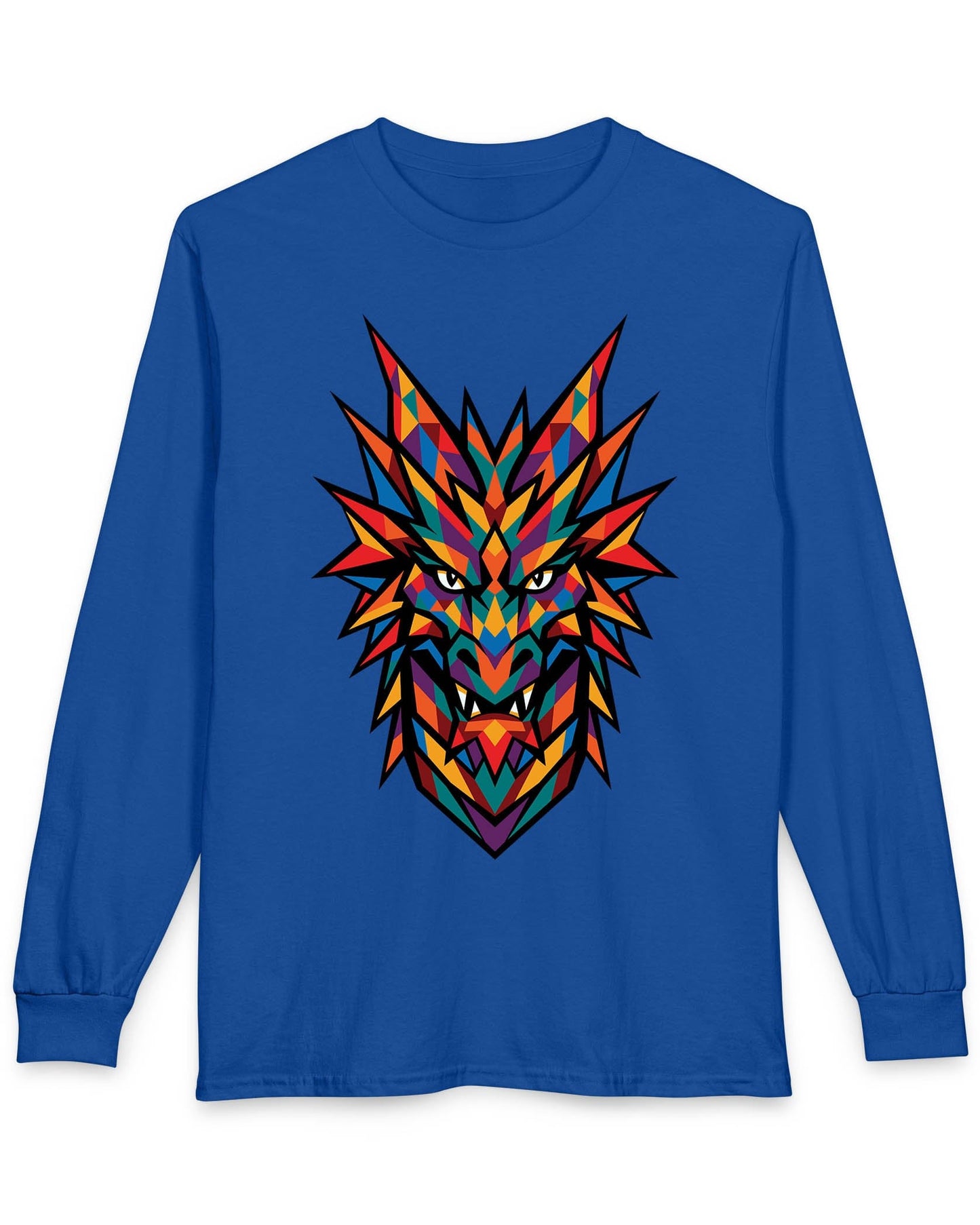 Polychrome Mosaic Dragon shirt in royal blue featuring a vibrant geometric dragon head in bold multicolor shapes