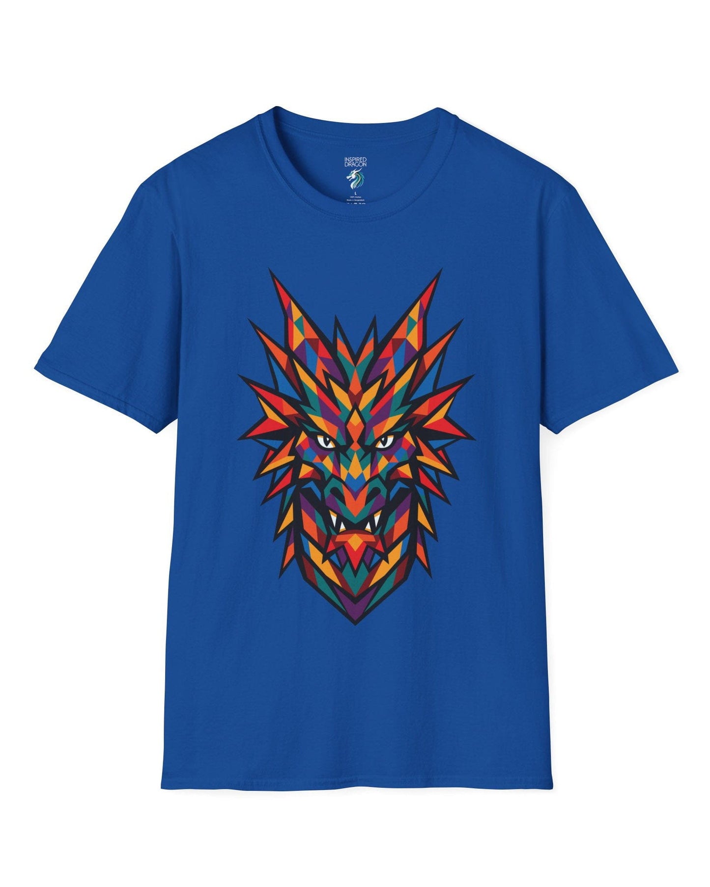 Polychrome Mosaic Dragon shirt in royal blue featuring a vibrant geometric dragon head in bold multicolor shapes.
