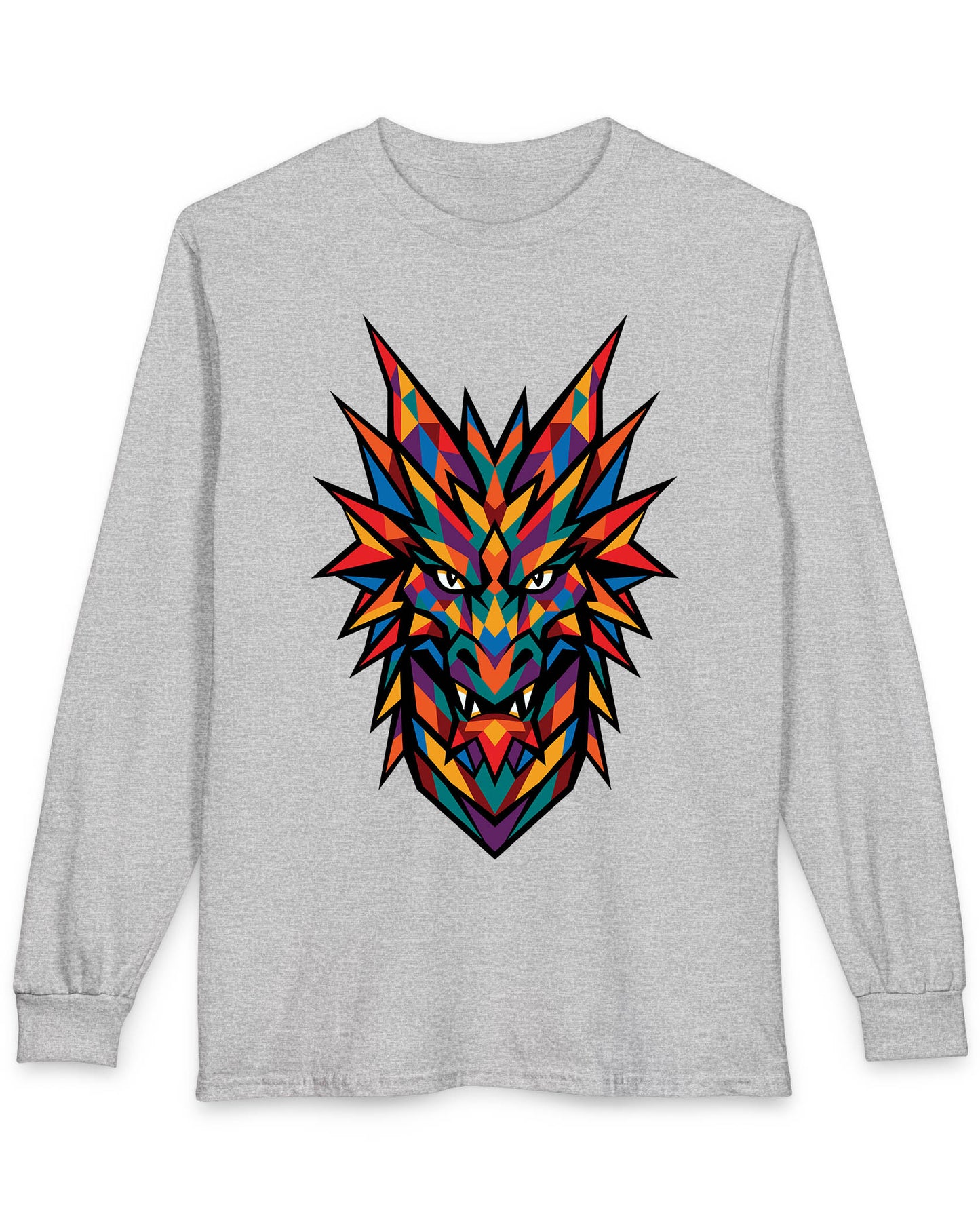 Polychrome Mosaic Dragon shirt in sport grey featuring a vibrant geometric dragon head in bold multicolor shapes