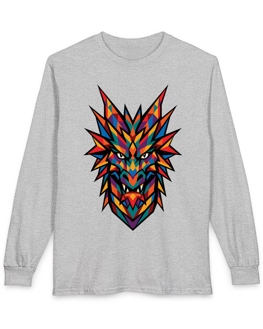 Polychrome Mosaic Dragon shirt in sport grey featuring a vibrant geometric dragon head in bold multicolor shapes