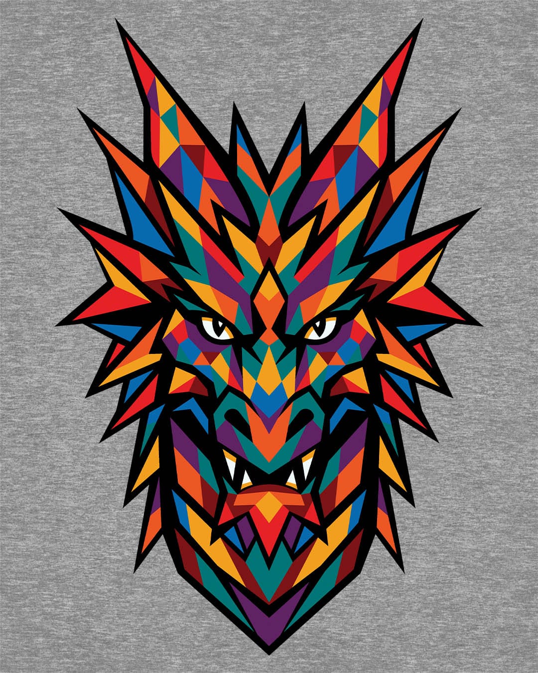 Polychrome Mosaic Dragon shirt in sport grey featuring a vibrant geometric dragon head in bold multicolor shapes.