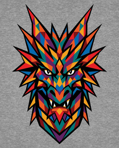 Polychrome Mosaic Dragon shirt in sport grey featuring a vibrant geometric dragon head in bold multicolor shapes.