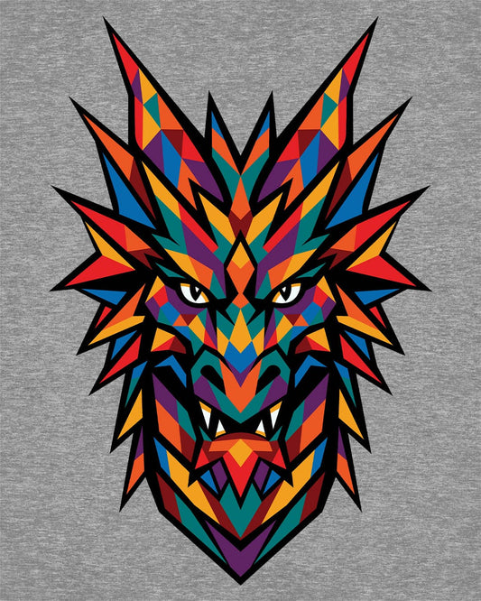 Polychrome Mosaic Dragon shirt in sport grey featuring a vibrant geometric dragon head in bold multicolor shapes.