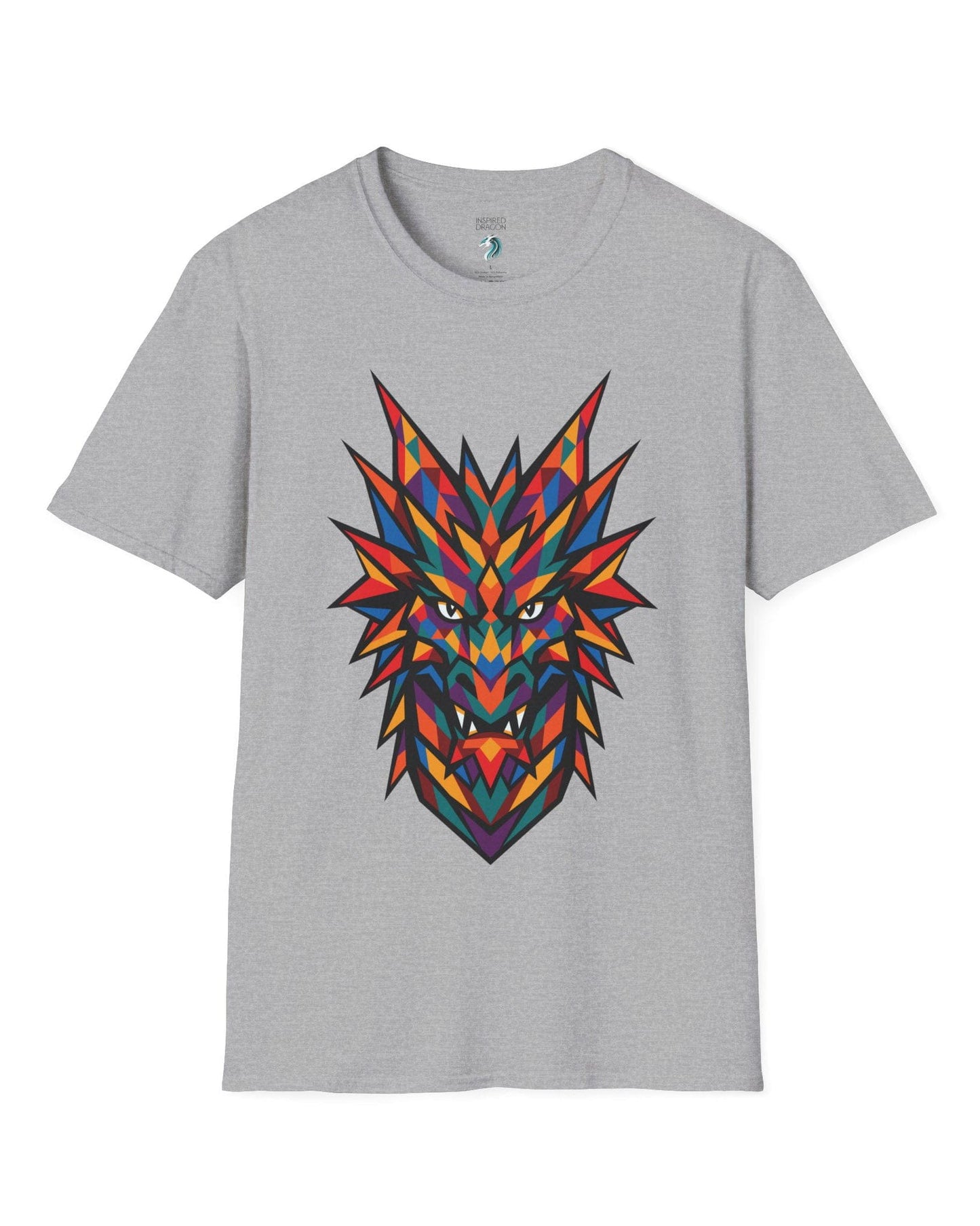 Polychrome Mosaic Dragon shirt in sport grey featuring a vibrant geometric dragon head in bold multicolor shapes.