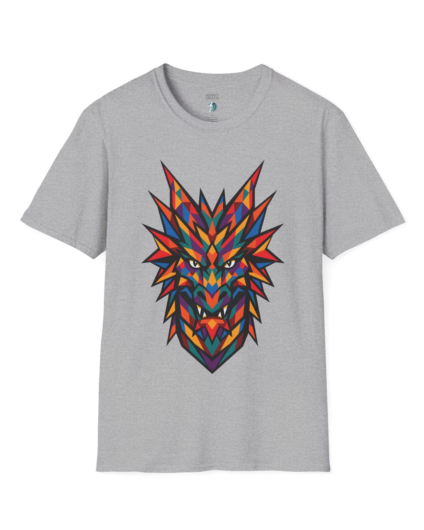 Polychrome Mosaic Dragon shirt in sport grey featuring a vibrant geometric dragon head in bold multicolor shapes.