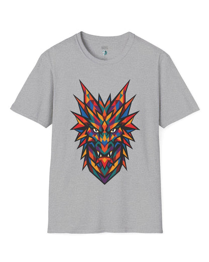 Polychrome Mosaic Dragon shirt in sport grey featuring a vibrant geometric dragon head in bold multicolor shapes.