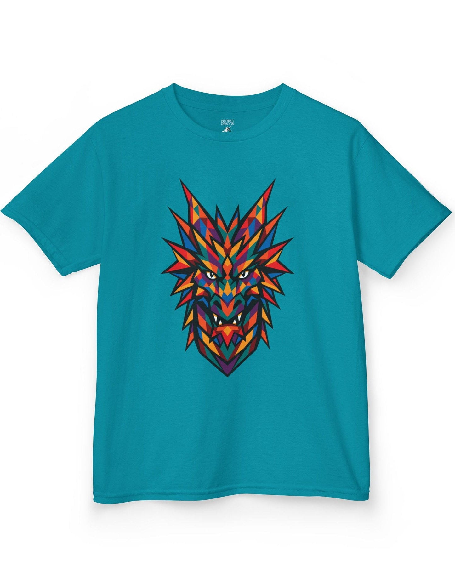 Polychrome Mosaic Dragon shirt in tropical blue featuring a vibrant geometric dragon head in bold multicolor shapes.