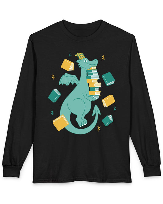 The Book Hoarder shirt in black featuring a cheerful teal dragon juggling a towering stack of books