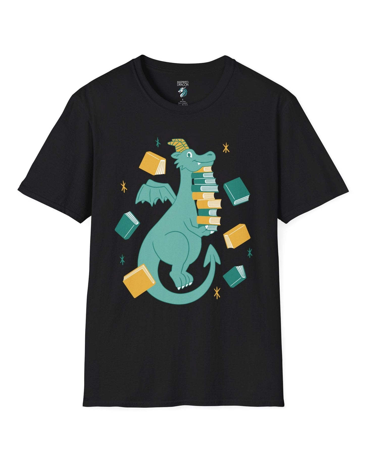The Book Hoarder shirt in black featuring a cheerful teal dragon juggling a towering stack of books.