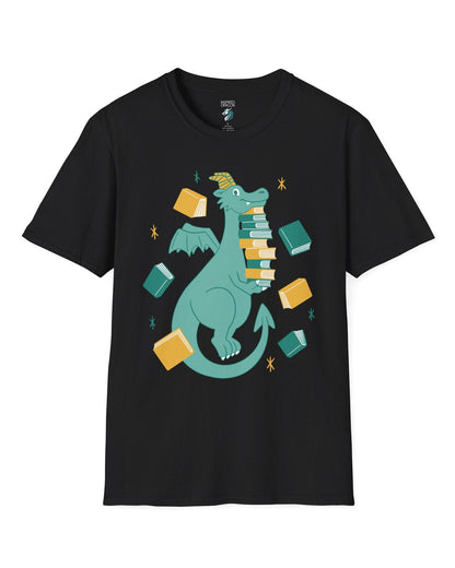 The Book Hoarder shirt in black featuring a cheerful teal dragon juggling a towering stack of books.
