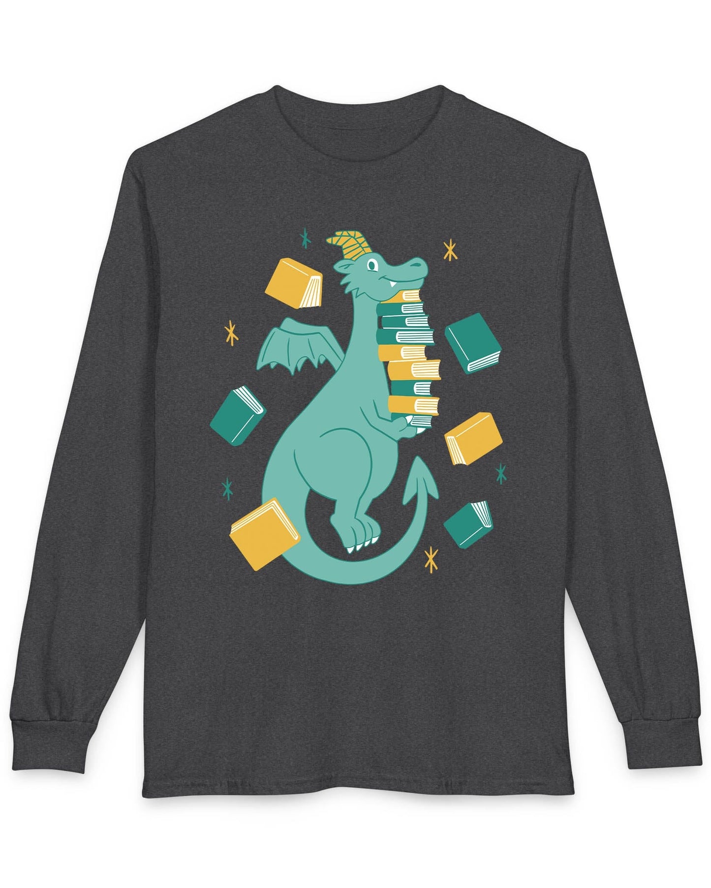 The Book Hoarder shirt in dark heather featuring a cheerful teal dragon juggling a towering stack of books