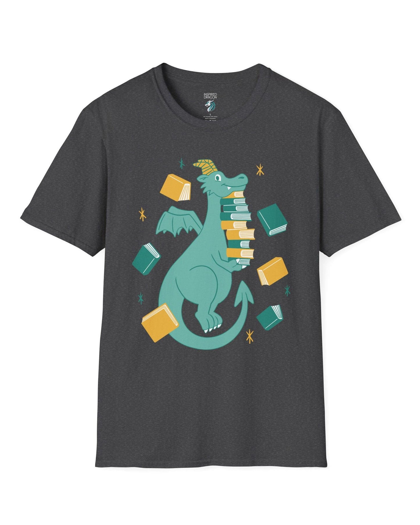 The Book Hoarder shirt in dark heather grey featuring a cheerful teal dragon juggling a towering stack of books.