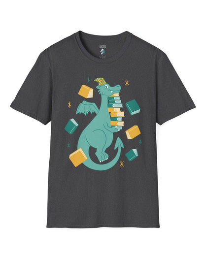 The Book Hoarder shirt in dark heather grey featuring a cheerful teal dragon juggling a towering stack of books.