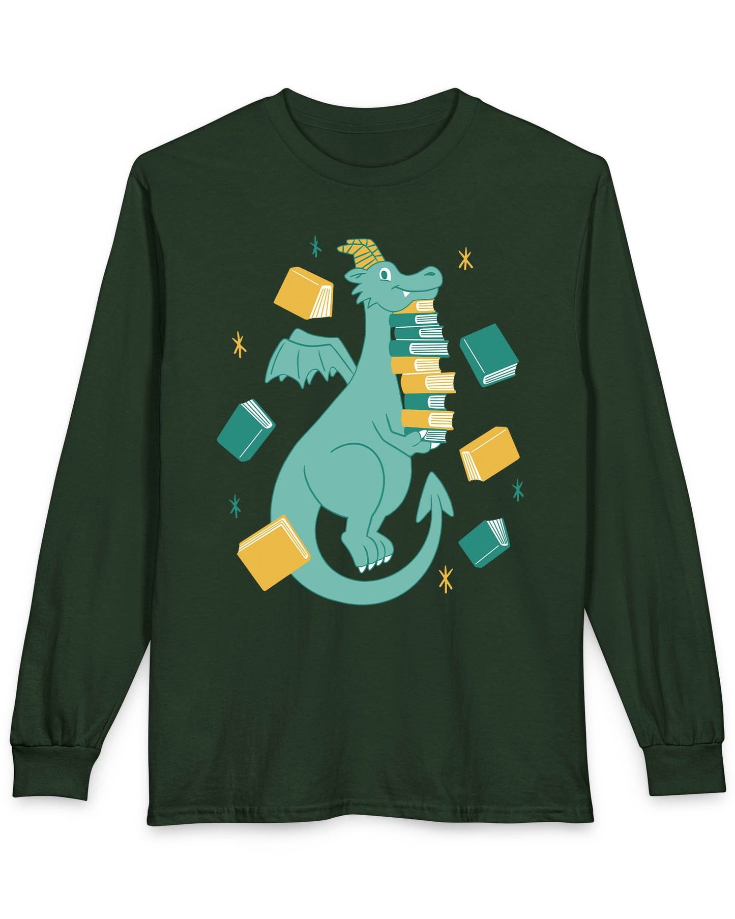 The Book Hoarder shirt in forest green featuring a cheerful teal dragon juggling a towering stack of books