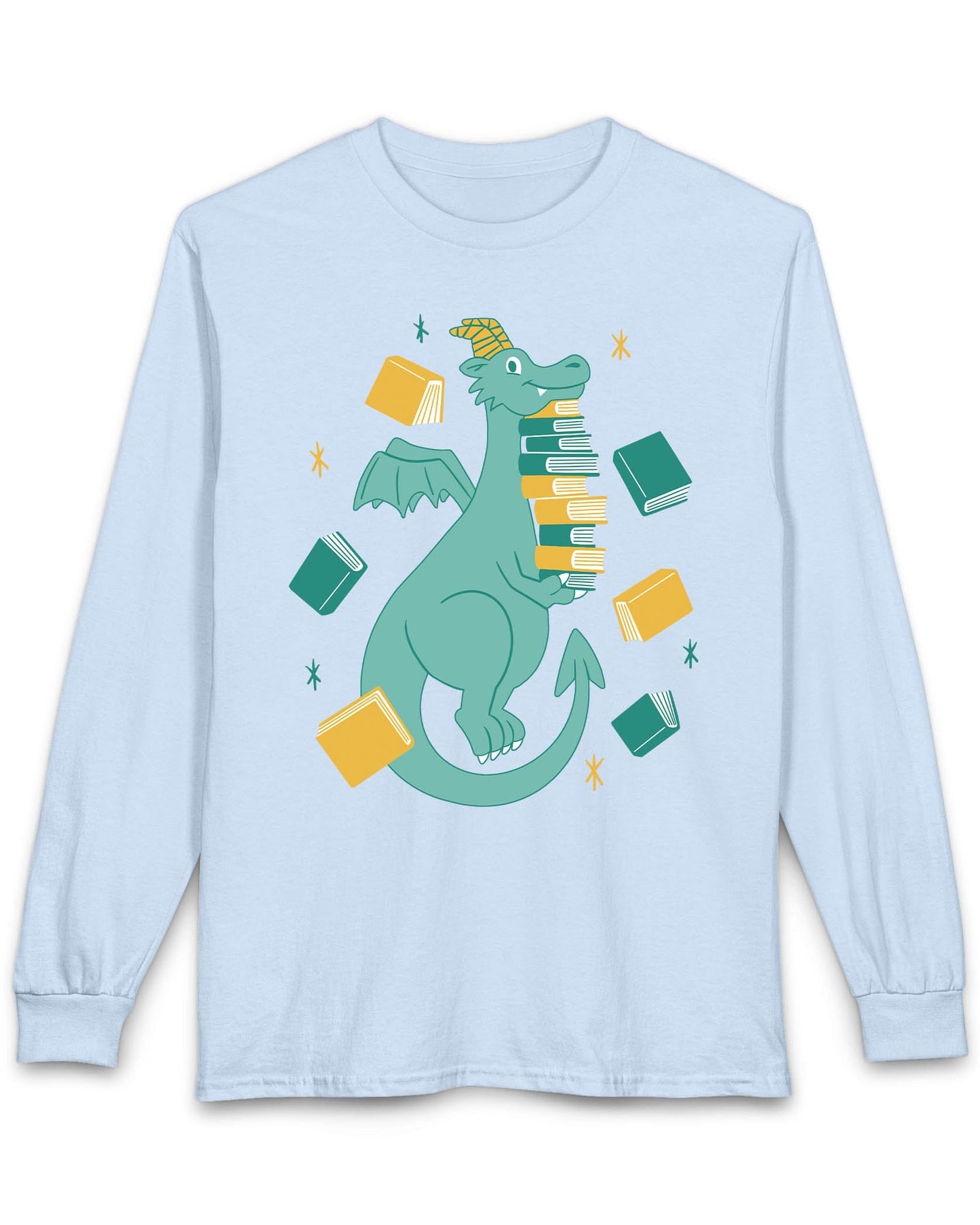 The Book Hoarder shirt in light blue featuring a cheerful teal dragon juggling a towering stack of books