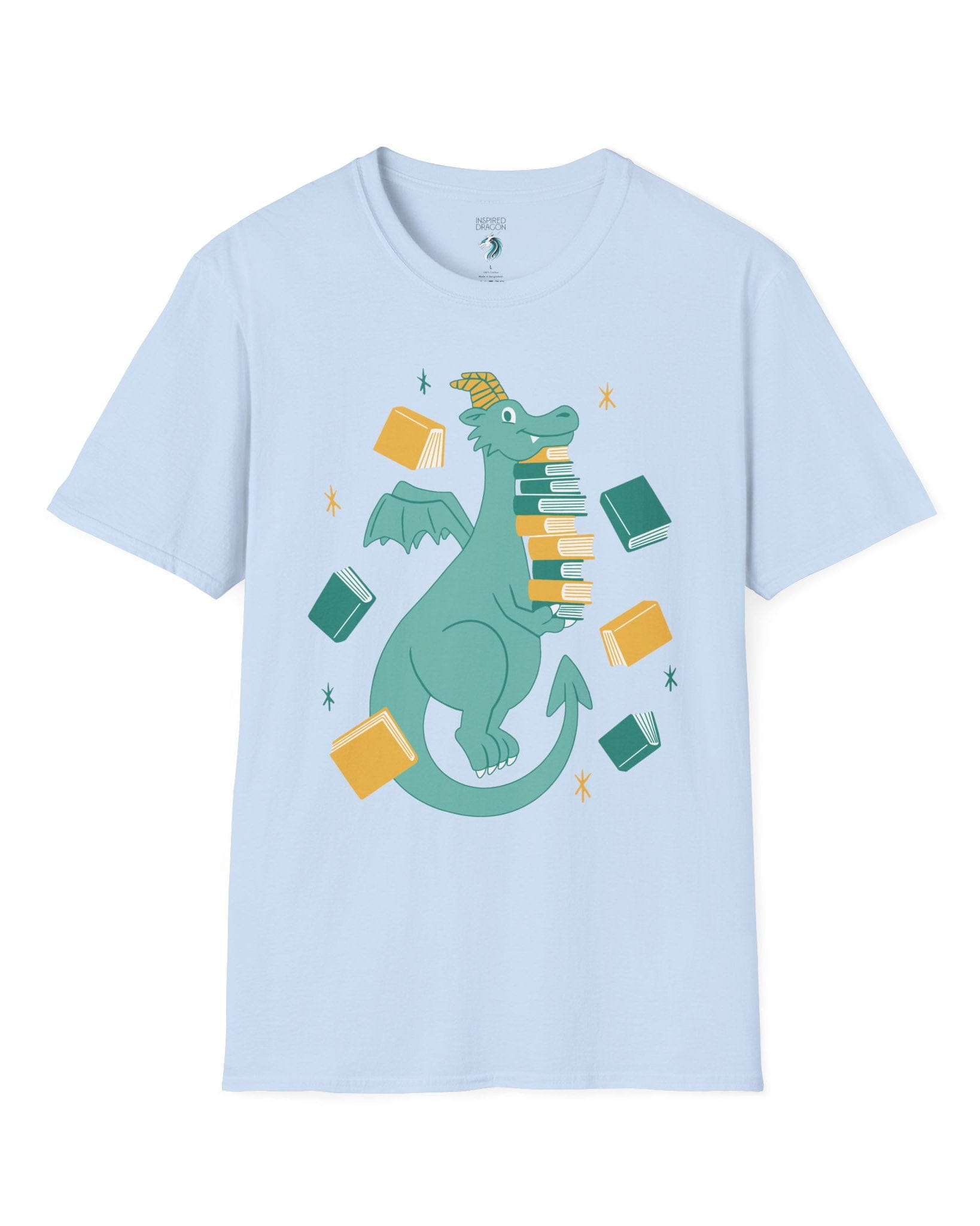 The Book Hoarder shirt in light blue featuring a cheerful teal dragon juggling a towering stack of books.