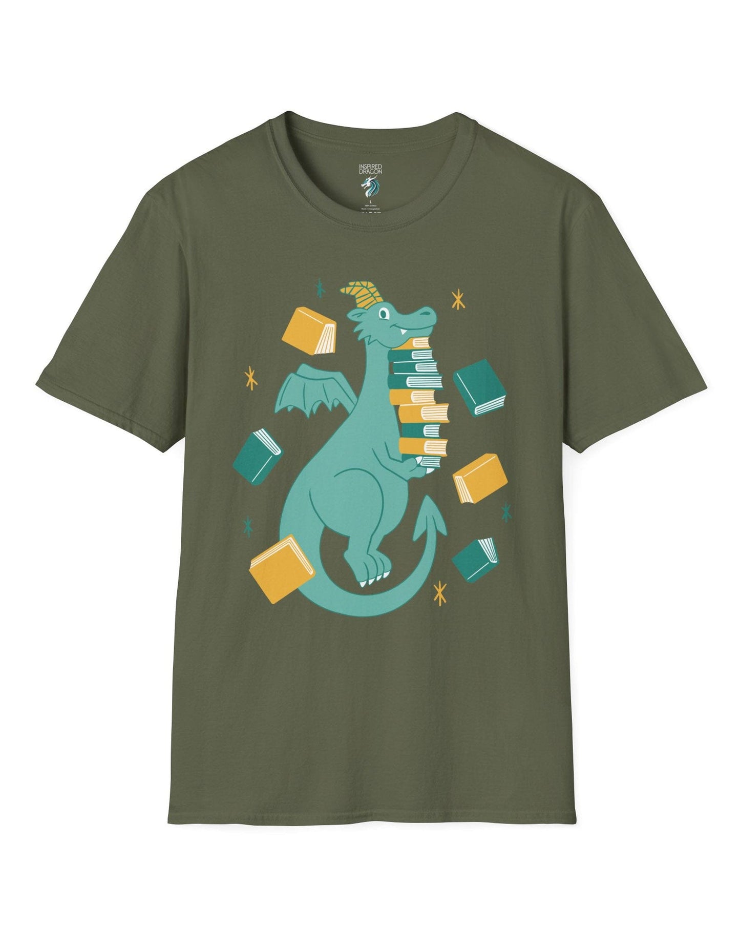 The Book Hoarder shirt in military green featuring a cheerful teal dragon juggling a towering stack of books.